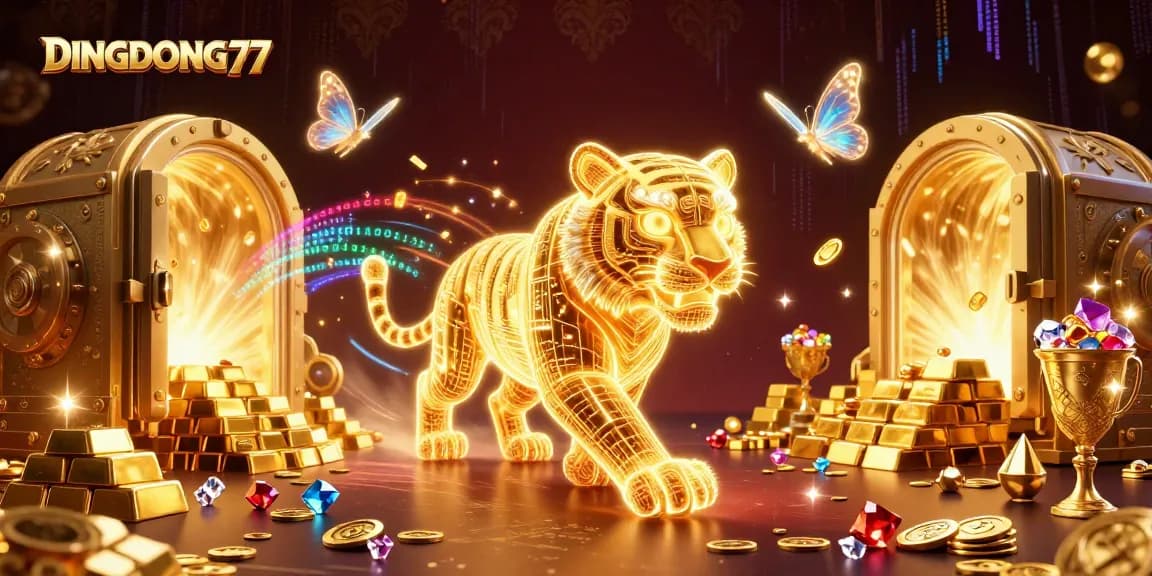 DINGDONG77 reveals a stunning digital casino scene with light energy characters and treasures.