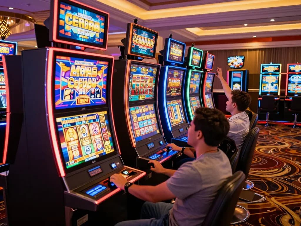 Celebrating a win on slot bet 100 amidst vibrant casino ambiance and colorful slot machines