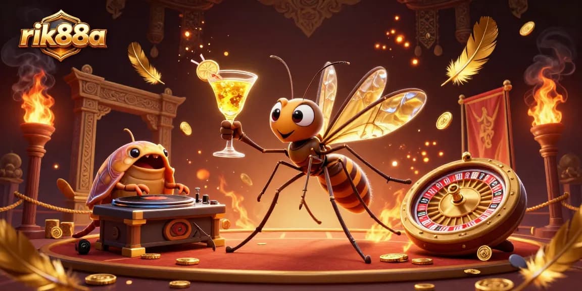 Engage in thrilling gameplay at rik88a, featuring a lively casino scene with unique 3D characters and dynamic elements.