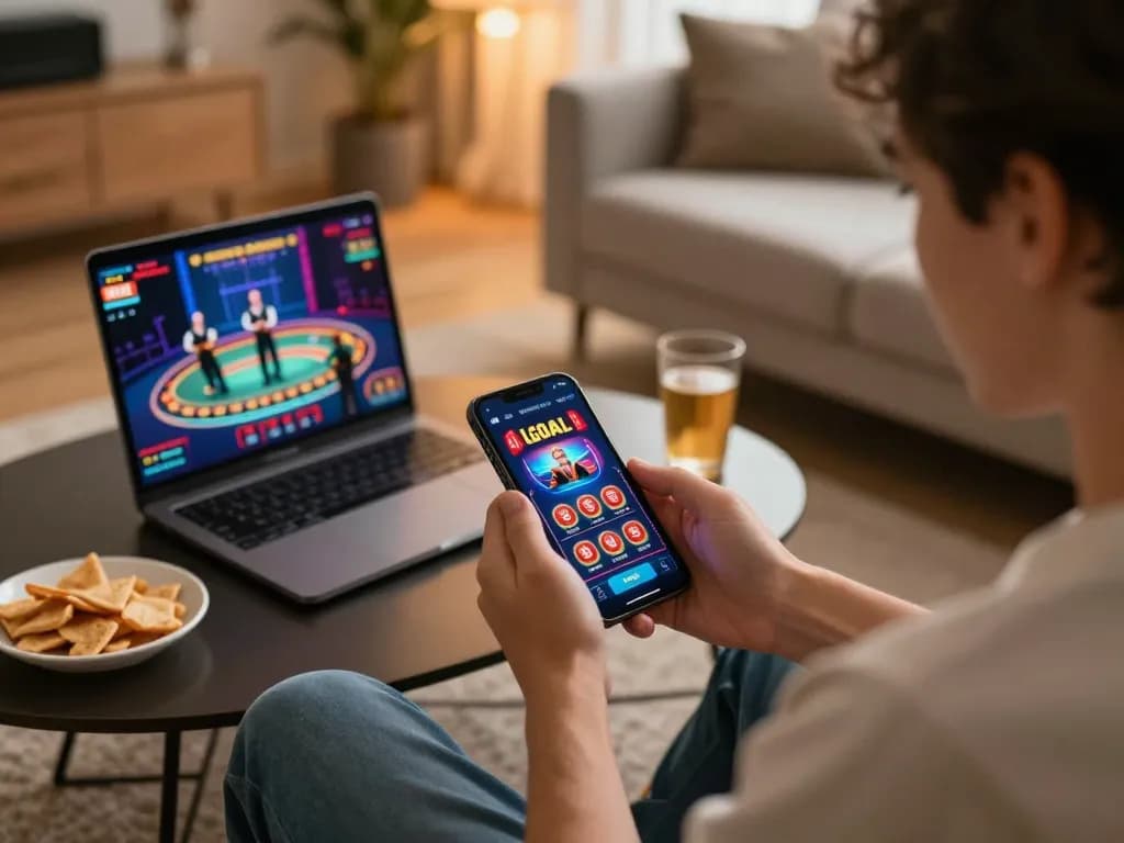 LGO GOAL user engaged in dynamic online gambling on a smartphone, capturing a vibrant home gaming atmosphere.