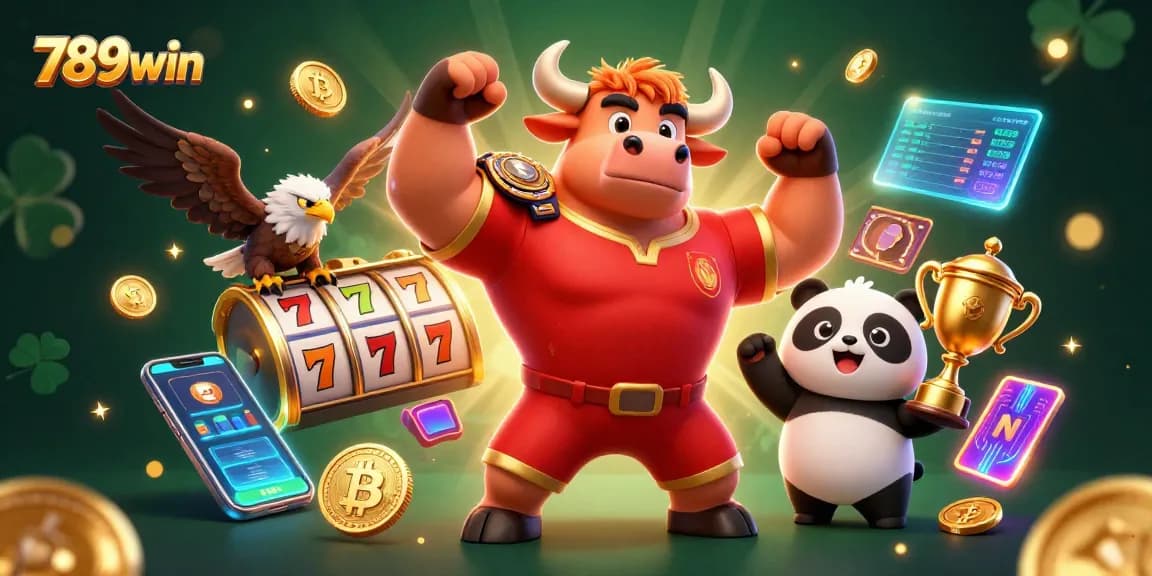 Win big with 789win's vibrant casino scene showcasing thrilling game elements and mascot celebrations.