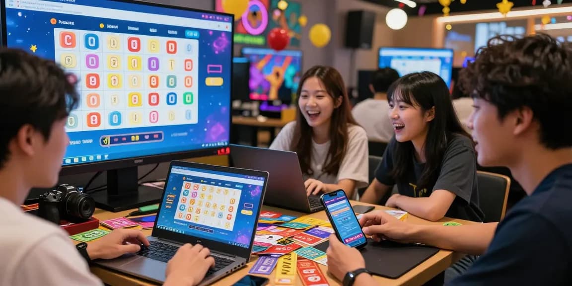 Togel88 Online gaming scene with friends watching lottery draw and cheerful decorations.