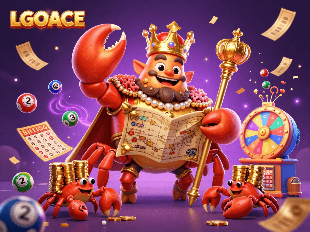 LGOACE offers dynamic gaming excitement with a golden crab emperor and lottery elements illuminating the scene.
