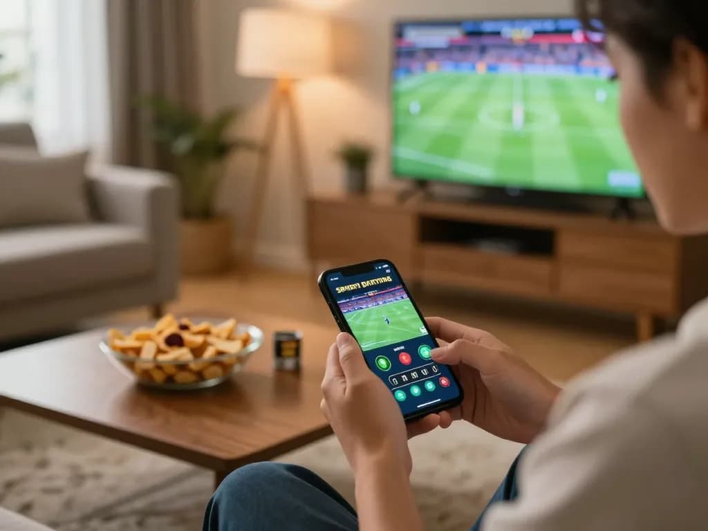 Engaged user placing bets on sports using mobile app at home with tylekeonhacai88.