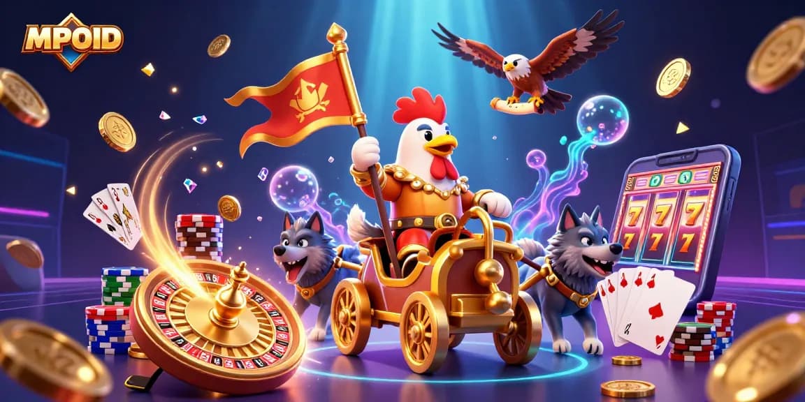 Engage in MPOID gambling strategy with a vibrant 3D scene of a rooster warlord and casino elements.