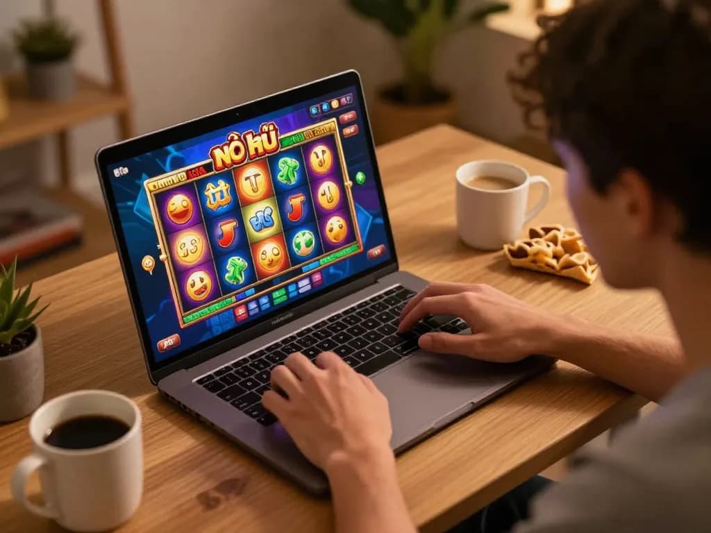Engaging in nổ hũ gameplay on a laptop at home, showcasing online casino excitement.