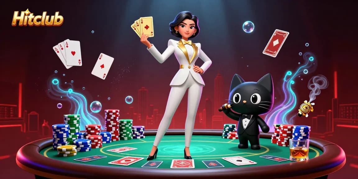 Win big at Hitclub with a glamorous poker scene featuring 3D characters and vibrant casino elements.