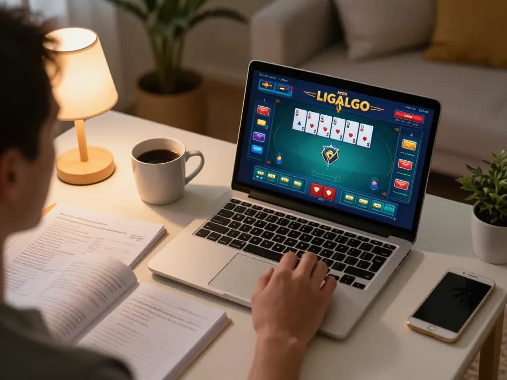 Agen LIGALGO player strategizing online poker while enjoying a comfortable gaming session at home