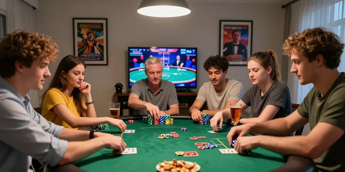 Friends enjoying a competitive game of slot poker around a stylish table.