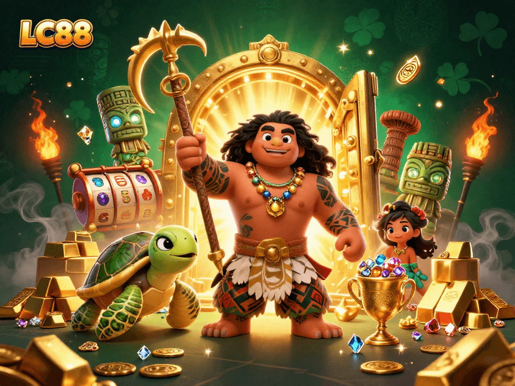 Experience the exciting LC88 online casino with vibrant 3D illustrations of gaming adventure.