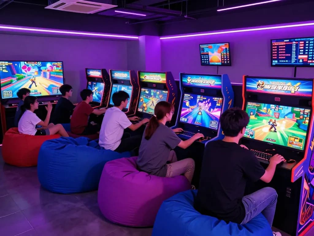 Experience thrilling gameplay at MANTRA88 with friends in a neon-lit gaming lounge featuring vibrant screens and engaging multiplayer action.