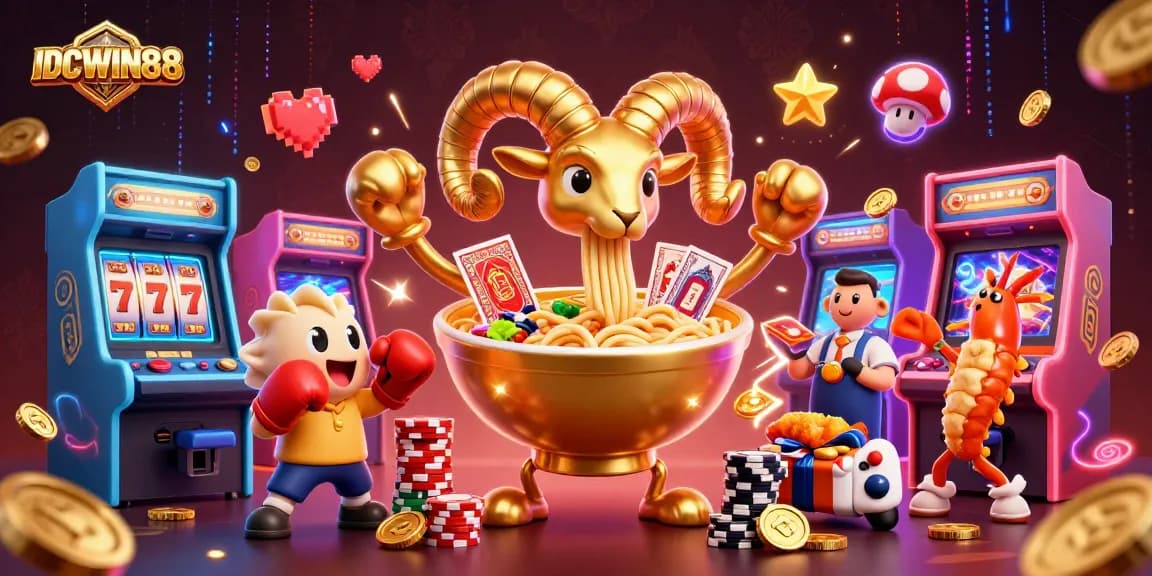 Win exciting jackpots with IDCWIN88 at this vibrant 3D casino illustration featuring dynamic characters.
