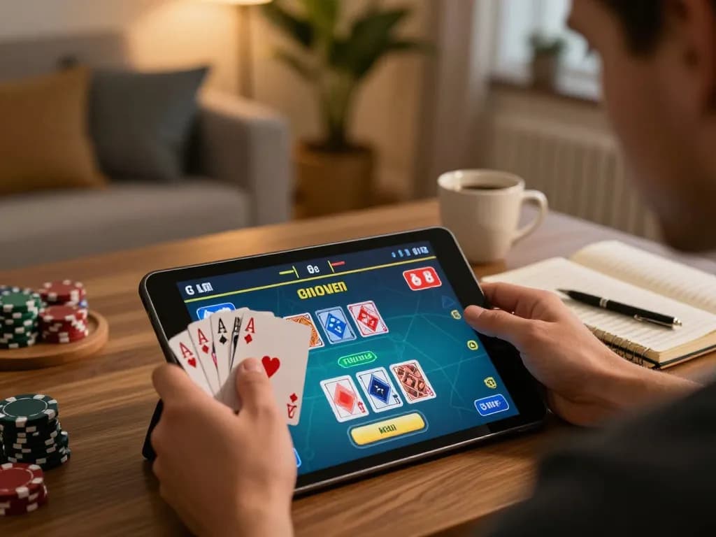 Player reviewing poker strategies on tablet with badak178 betting options displayed.