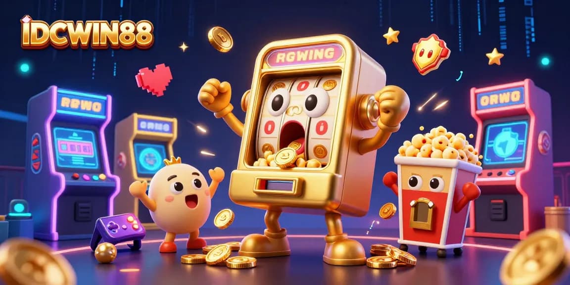 Experience the excitement of IDCWIN88 as the golden slot machine hits a jackpot with cheering mini machines.