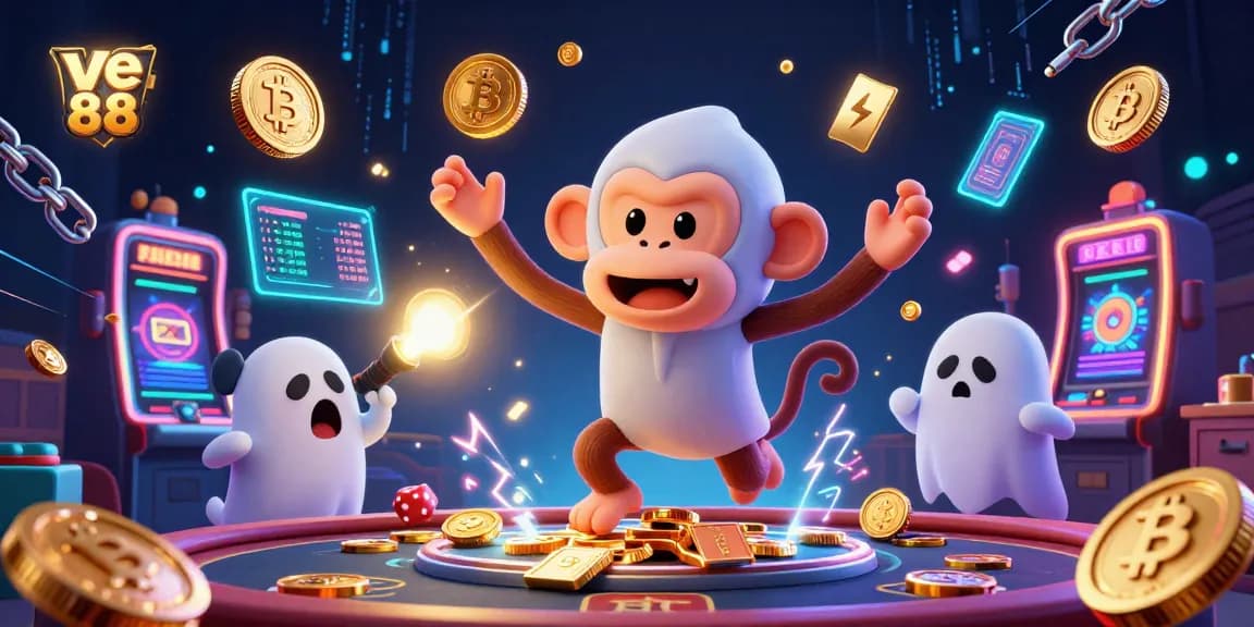 Engage in the thrilling atmosphere of ve 88 with a captivating haunted casino scene featuring a mischievous monkey and ghost-hunter puppy.