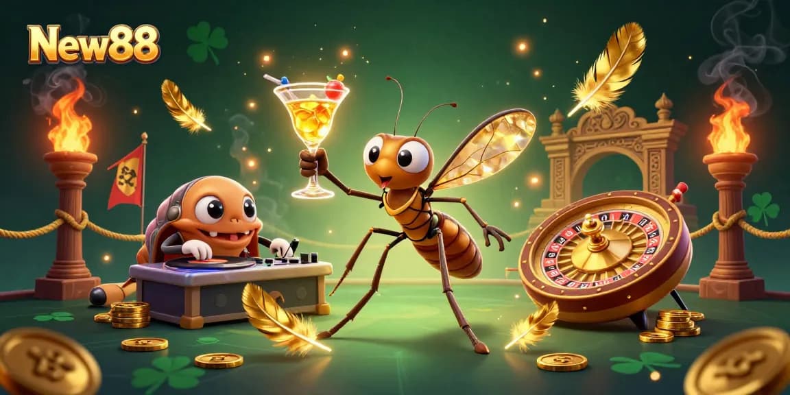 New88 casino mascot comes alive with a golden cocktail amidst a vibrant gaming scene.