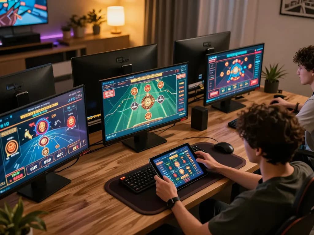 Engaging display of the MPO08 Link online gaming experience with players strategizing around multiple screens.