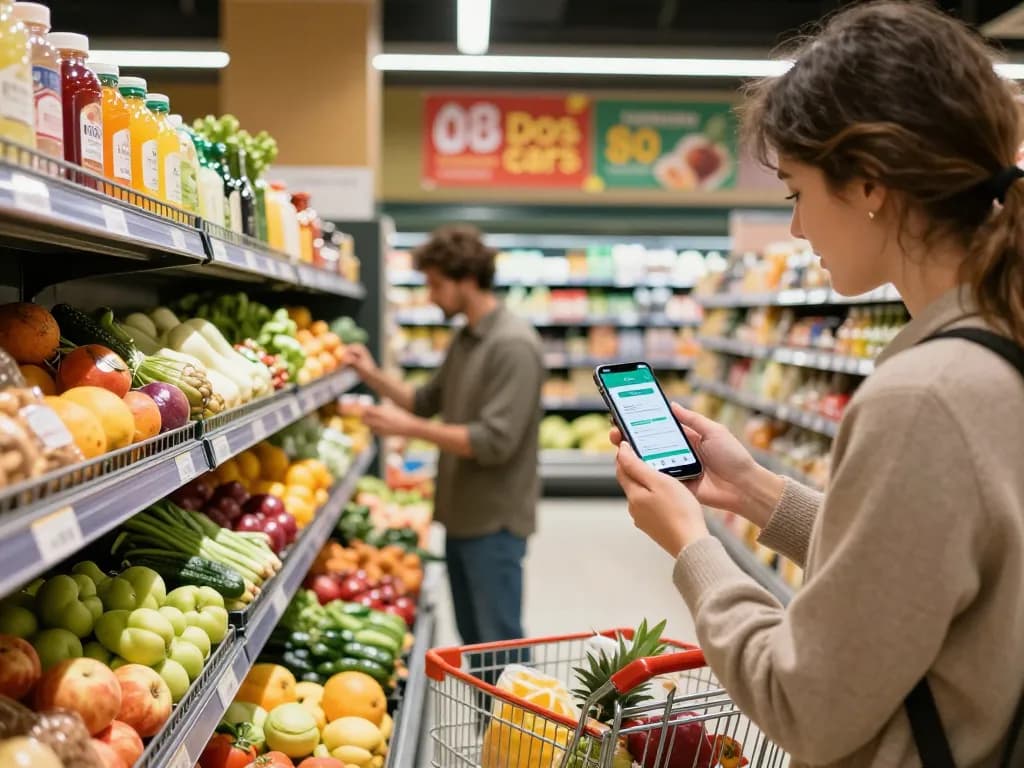 Customer using My fairplay app for digital coupons while shopping in a vibrant supermarket.