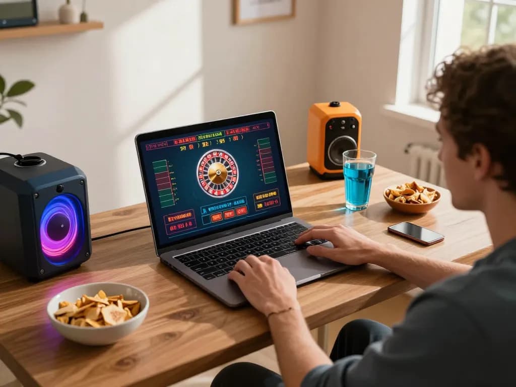 KQBD player engaging in an online roulette game with vibrant atmosphere and cozy home setup.