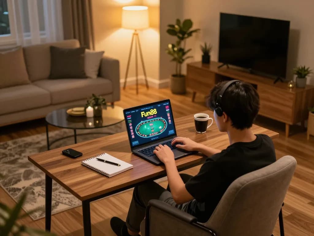 fun88 online poker gameplay on a stylish home laptop setup