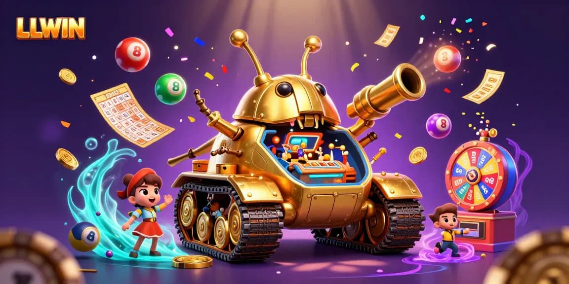 LLWIN showcases a vibrant casino experience with a golden beetle tank, colorful lottery balls, and dynamic game elements.