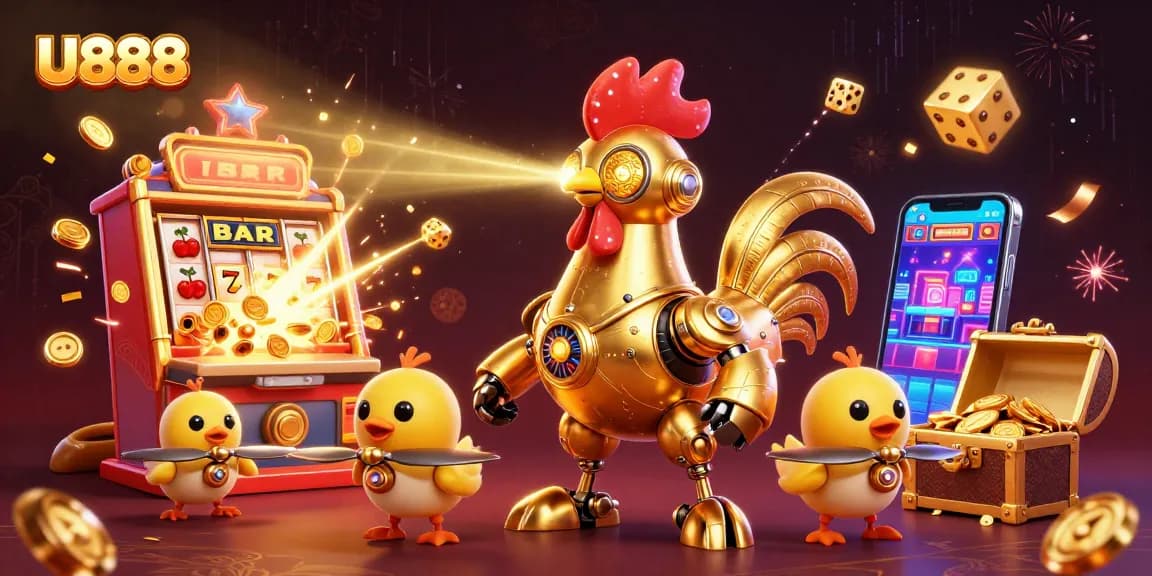 Experience the winning thrill at U888 with vibrant 3D casino elements and characters.