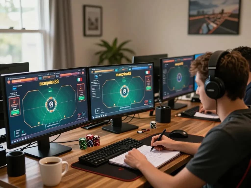 Engaging gameplay on maxpoker88, showcasing strategic poker moves in a home office setting.