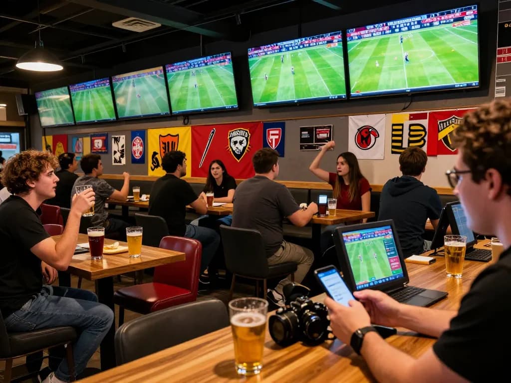 Engaging sports betting action at a lively bar setting featuring bong99 mobile app on display.