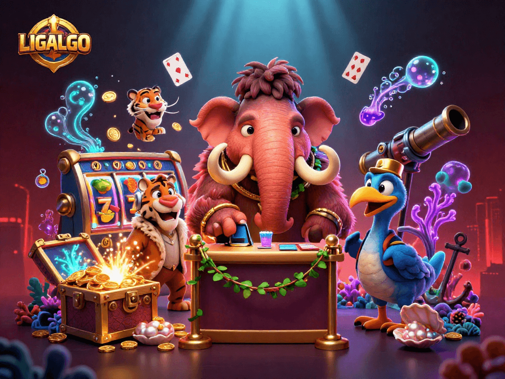 LIGALGO showcases slot excitement with a brave mammoth, tiger VIP, and whimsical dodo bouncer.