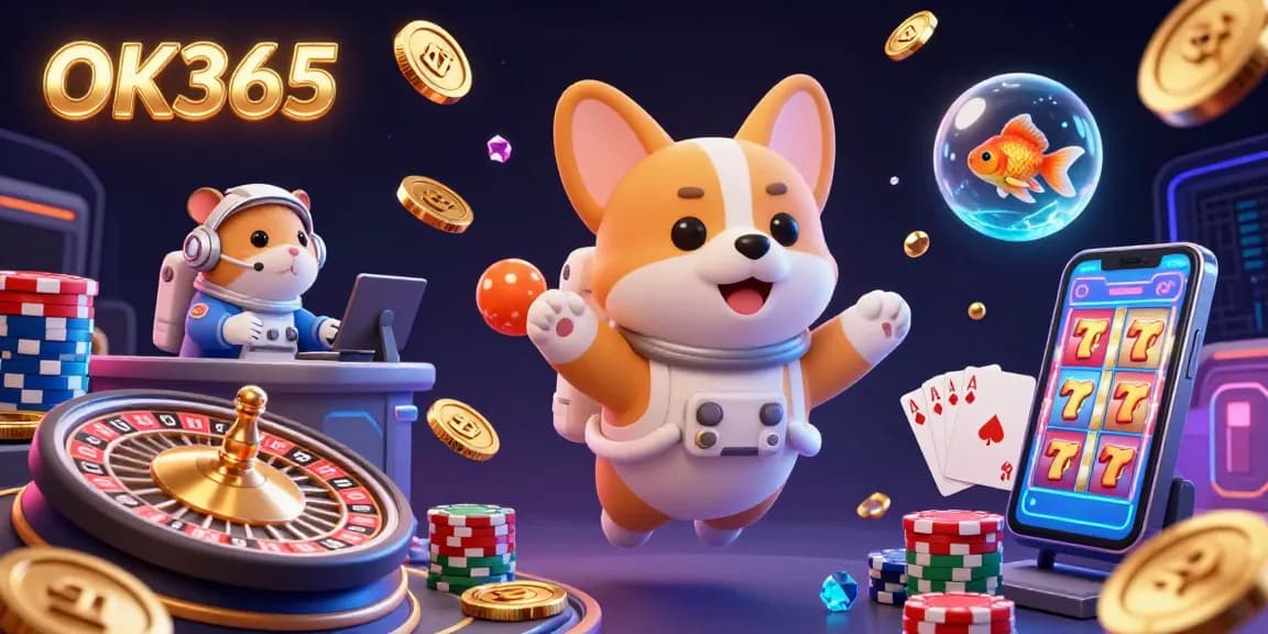 Spin to win at OK365 with a 3D digital casino scene featuring an astronaut corgi, poker chips, and golden coins.