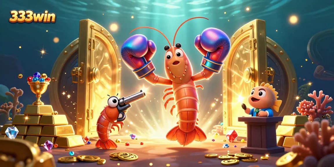 Engage in thrilling fish shooting action with 333win's 3D mantis shrimp characters amidst a treasure-filled underwater scene.
