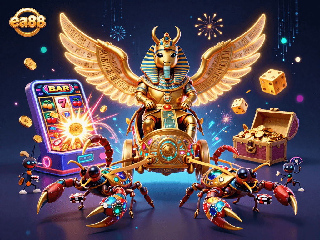 Spin the reels at ea88 to win big, as the golden scarab beetle leads a vibrant casino adventure.