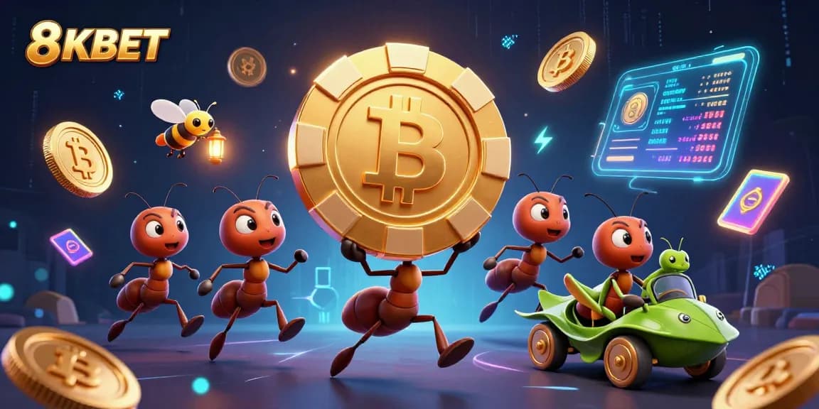 Engage in thrilling adventures with 8KBET's illustrated heist featuring a team of ants and crypto coins.