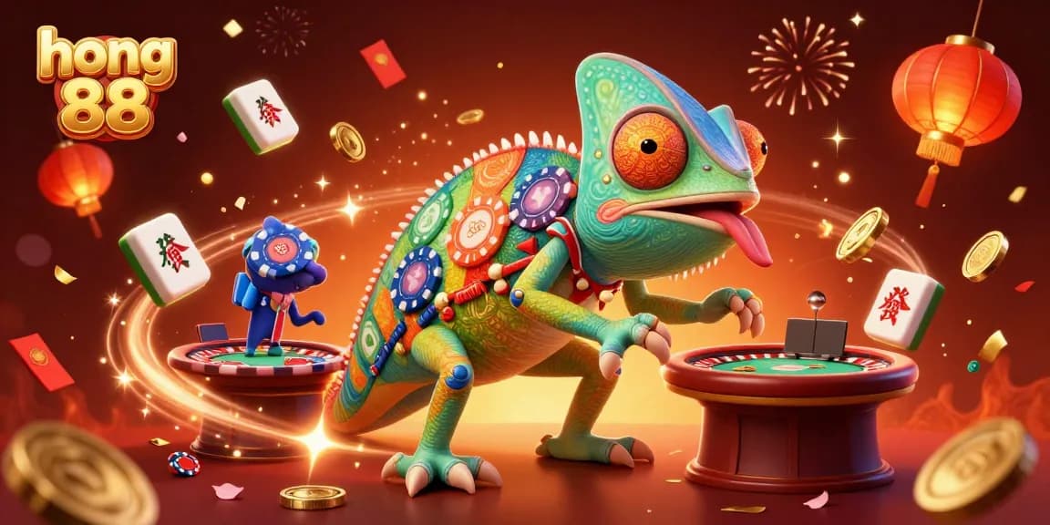 Engage with hong 88 at a vibrant casino scene featuring a chameleon owner and lively game elements.