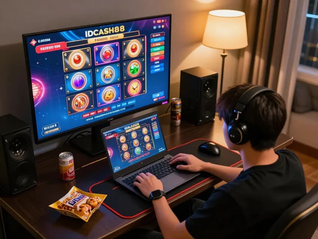 IDCASH88 Slot interface displayed on a laptop screen, showcasing vibrant graphics and gameplay moments.