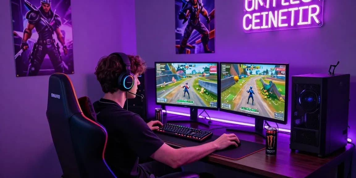 Intense gamer using Fortnite Hacks with dual monitors showing gameplay and RGB lights highlighting a dynamic gaming setup.