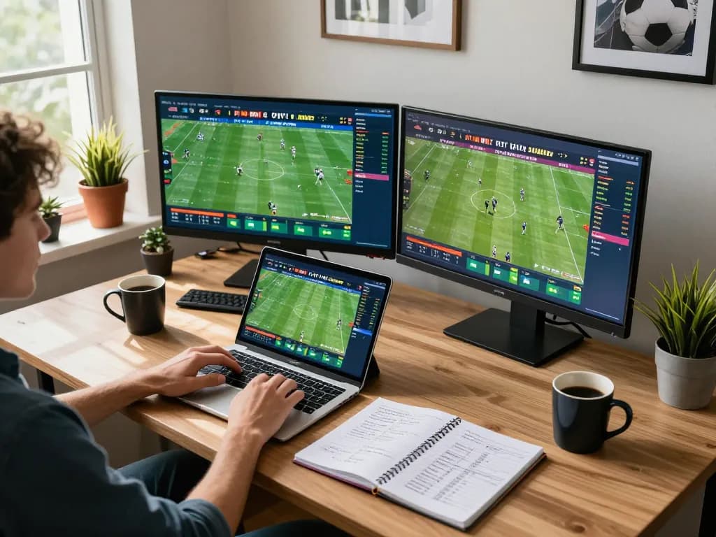 Player analyzing keobongda sports betting odds and strategies at home workspace.
