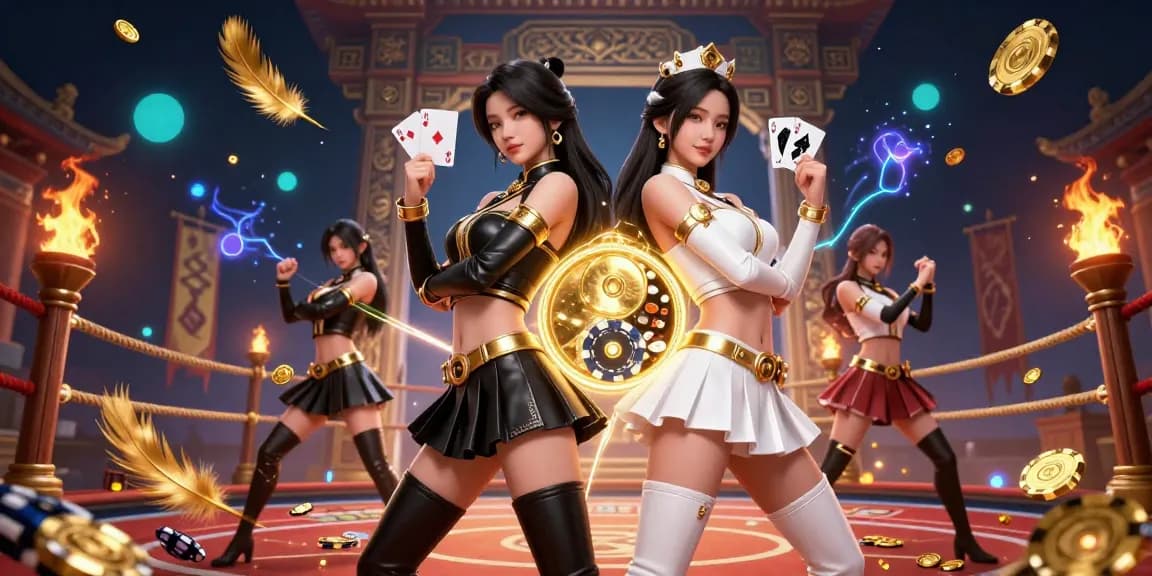 Join the excitement with tải sun win as twin Asian women engage with playing cards in a vibrant casino setting.