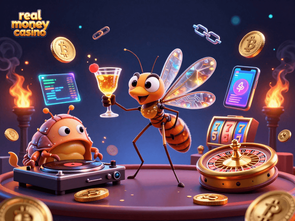 Experience the thrill of a real money casino with vibrant characters and digital elements in an exciting 3D illustration.