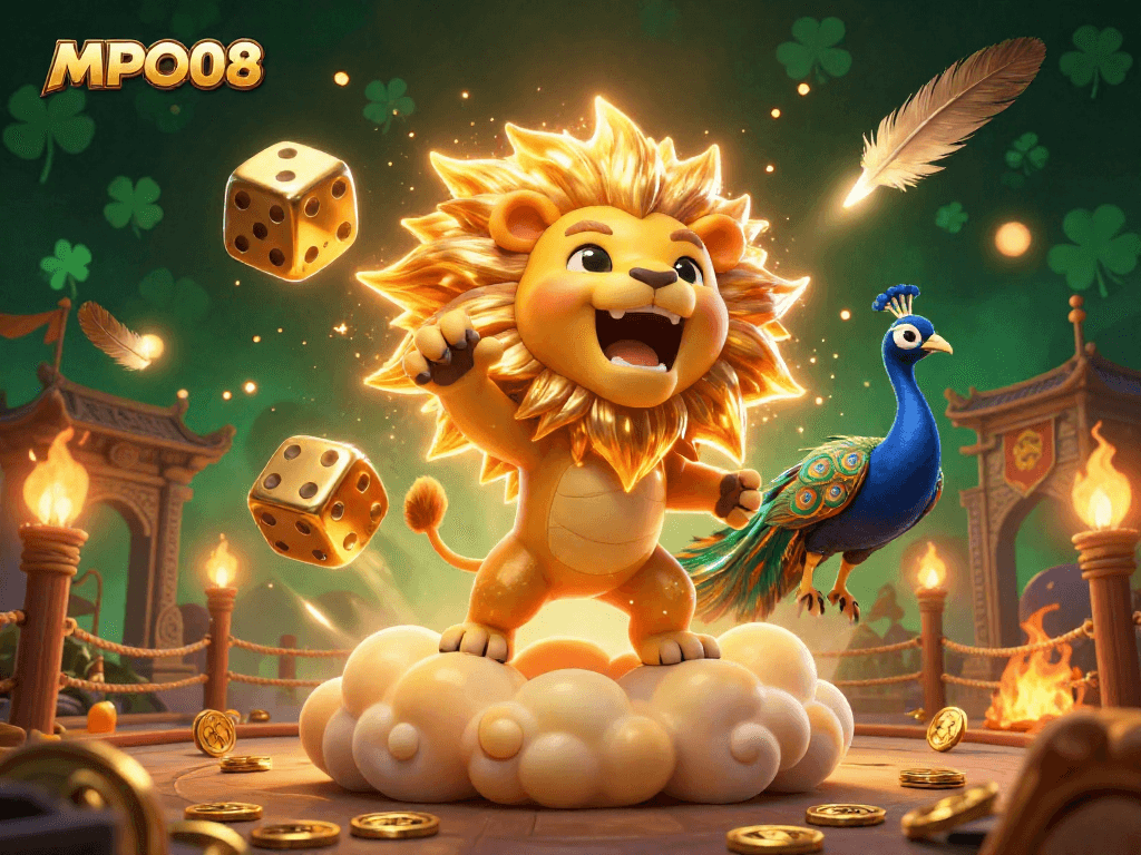 Engage with MPO08's thrilling gaming scene featuring golden dice and an interactive lion character.