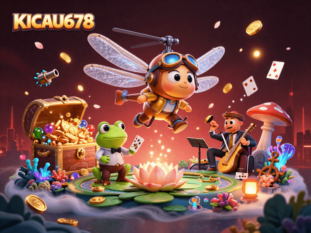 KICAU678 showcases a lively casino scene with a dragonfly pilot, frog croupier, and jazz-playing crickets.