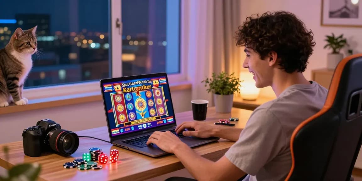 Exciting gaming scene featuring Slot Gacor Hari Ini Kartupoker on a laptop with colorful slot graphics and engaging accessories.
