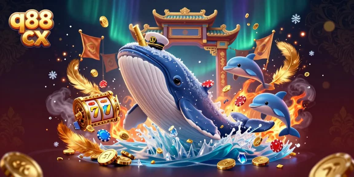 Engage with q88 cx as a 3D whale dives through casino coins and slot reels.