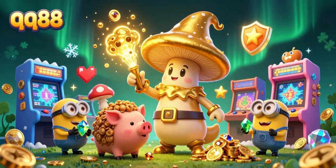 Experience qq88's magical gaming world with the golden mushroom wizard and treasure-seeking pig in 3D