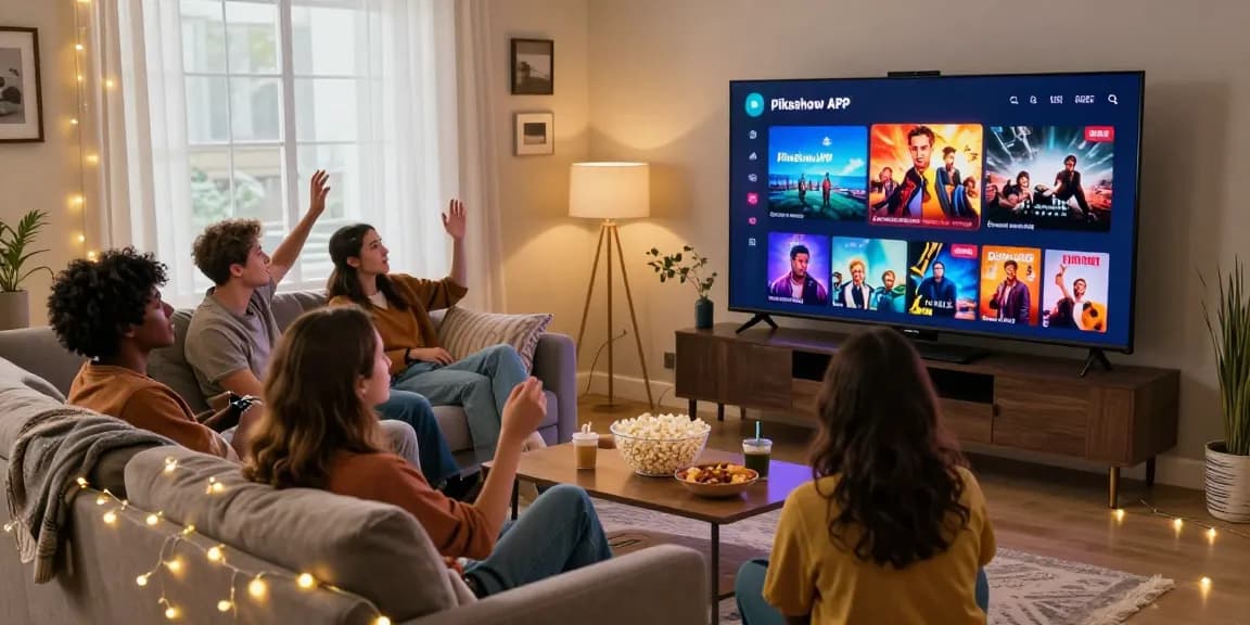 Pikashow APK interface on smart TV with friends enjoying movies in cozy living room, showcasing vibrant entertainment.