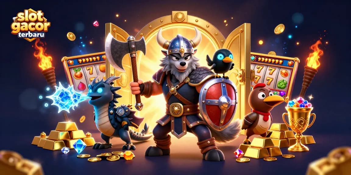 Spin to win with slot gacor terbaru, featuring a Viking wolf warrior and golden treasures in a dynamic casino scene.