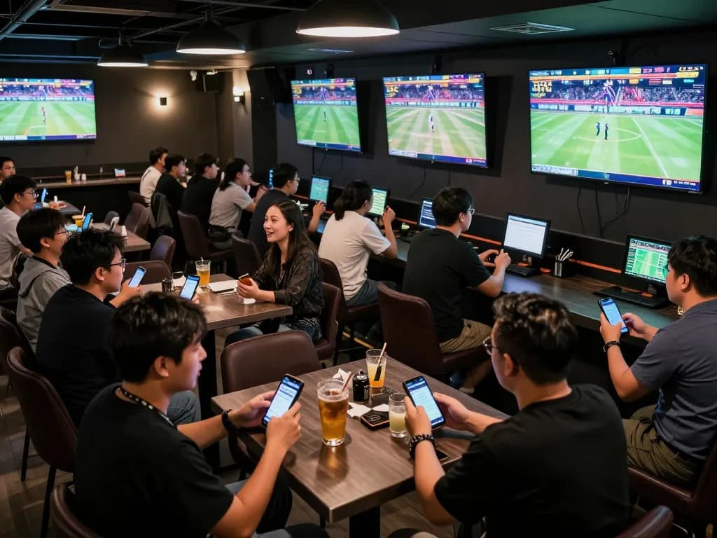 Kèo nhà cái betting action in a bustling sports bar, enthusiastic fans placing bets.