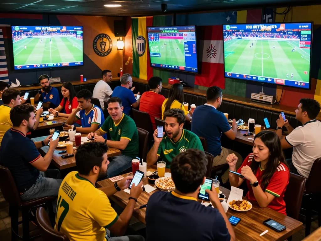 Fans engaging in sports betting for worldcup2026 at a lively sports bar, excitement in the air.