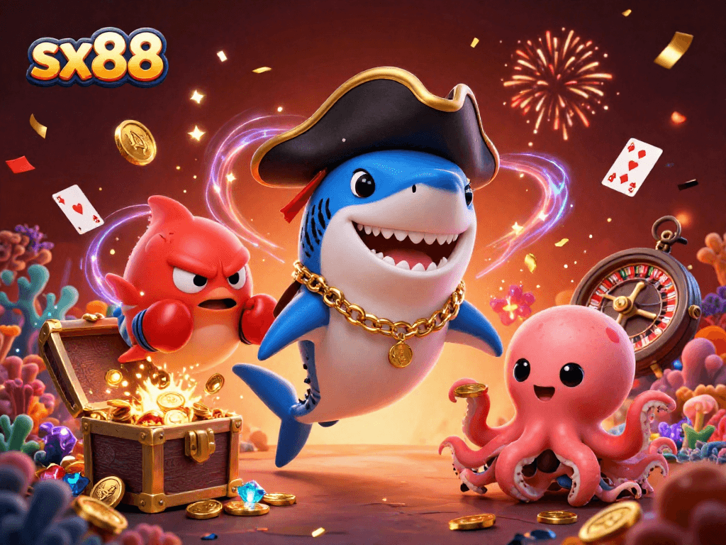 Spark excitement at sx88 with a vibrant 3D cartoon scene of a pirate shark, a pufferfish, and a coin-holding octopus amidst riches.