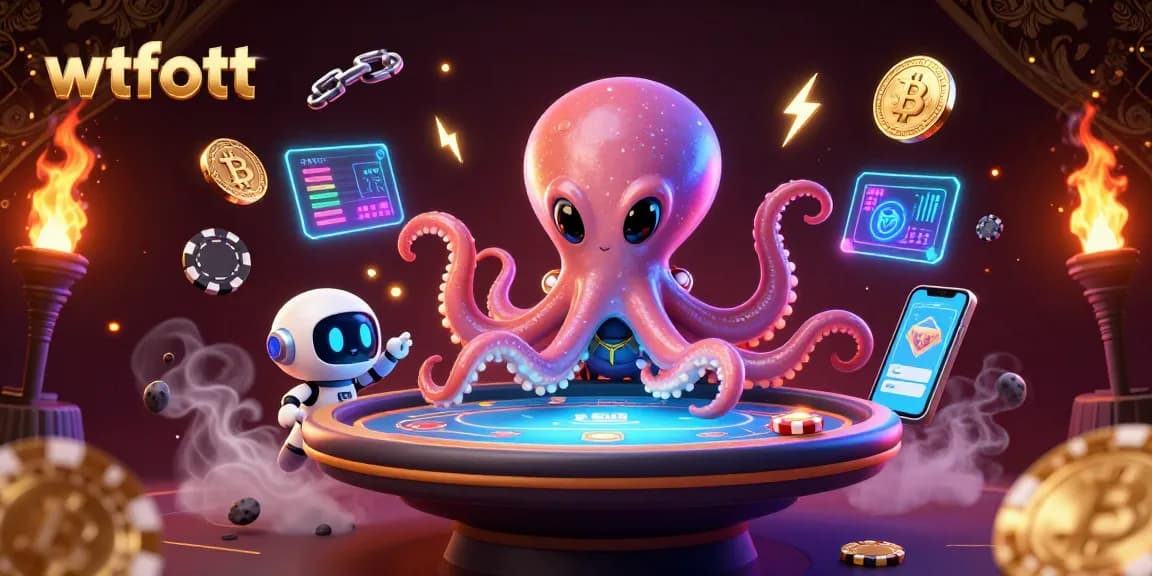Play interactive casino games with wtfott in a vibrant 3D illustration featuring unique characters and crypto elements.